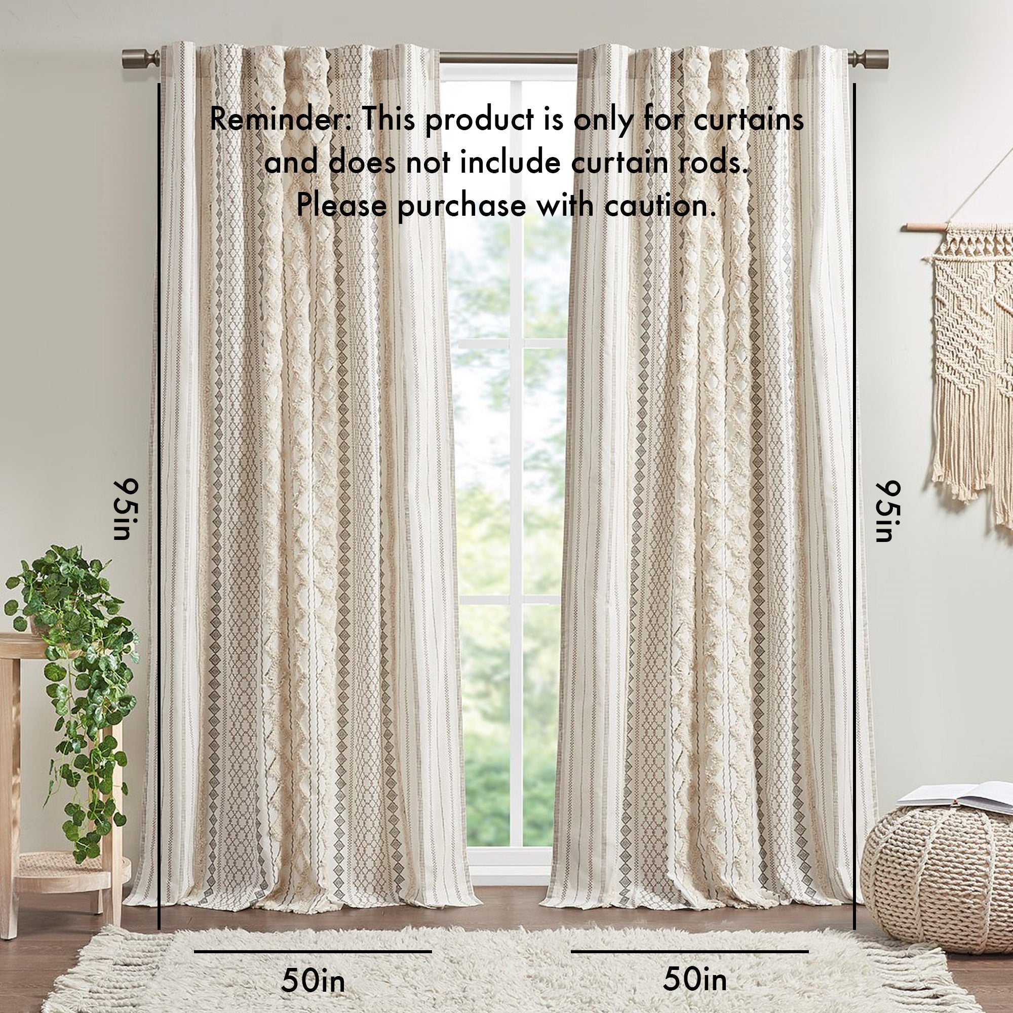Cotton Printed Curtain Panel with Chenille Stripe and Lining Ivory 50x95