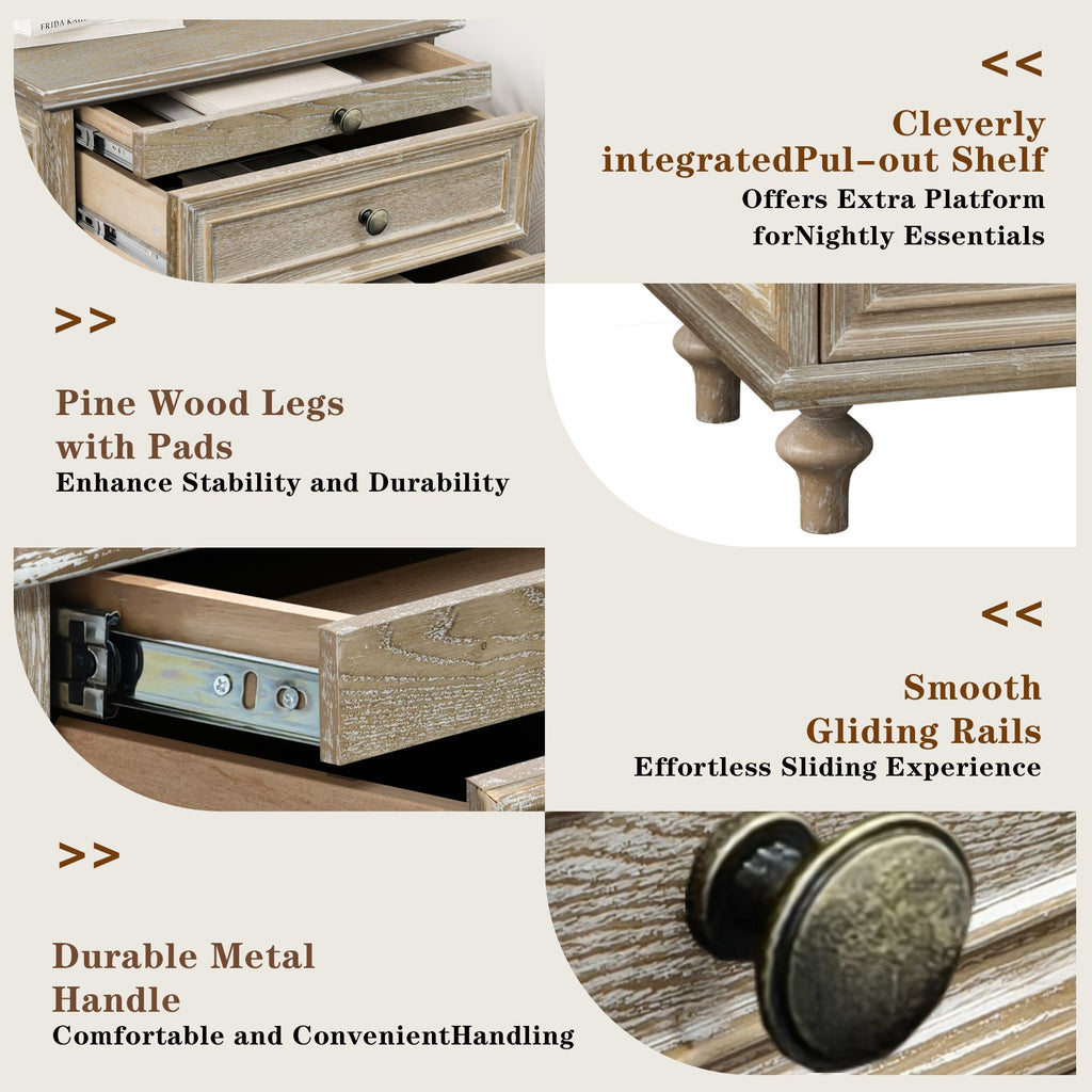 Farmhouse Nightstands with 4 Drawers and Pull-Out Shelf