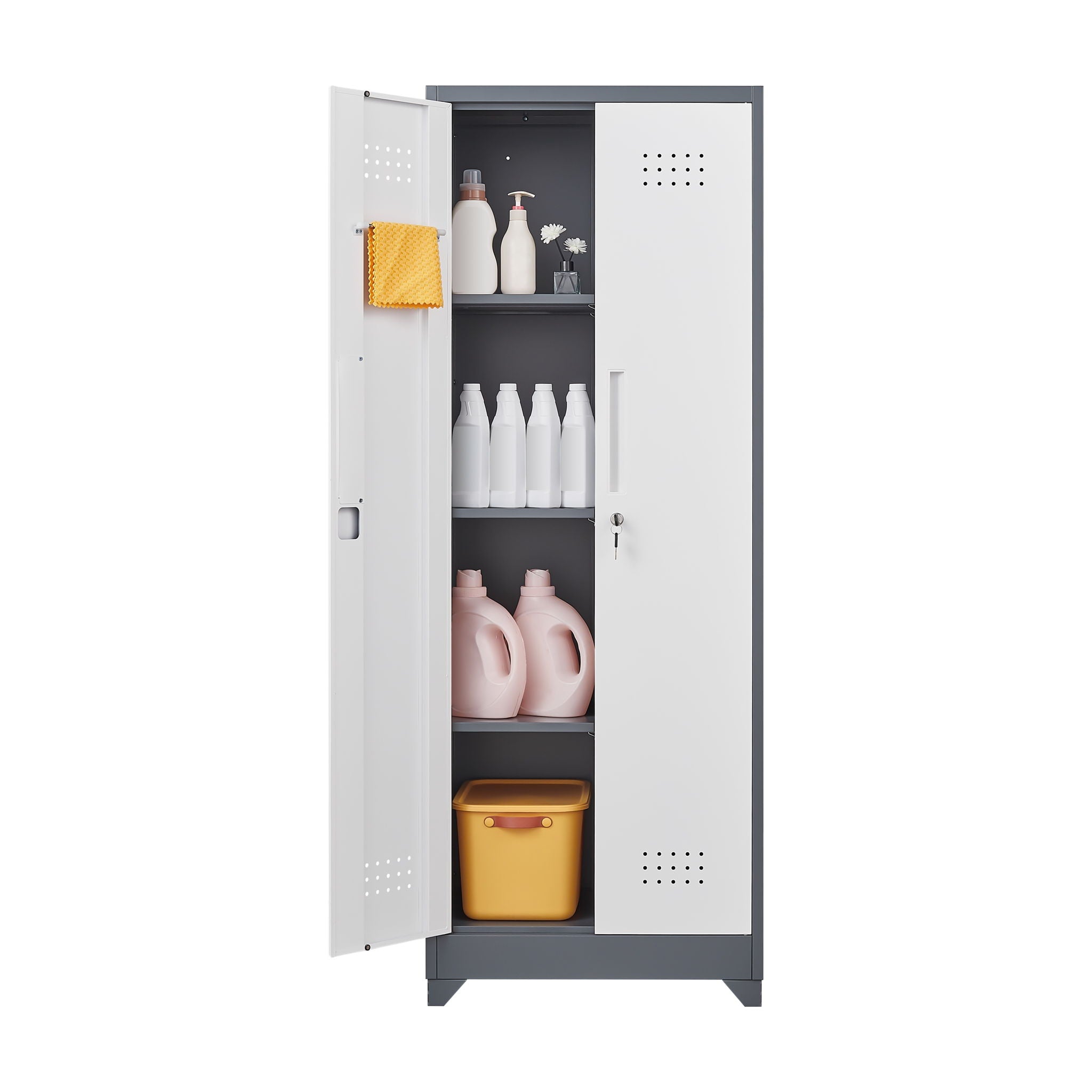 Lockers With Locking Doors, Adjustable Shelves, High Broom Tool Storage Cabinet