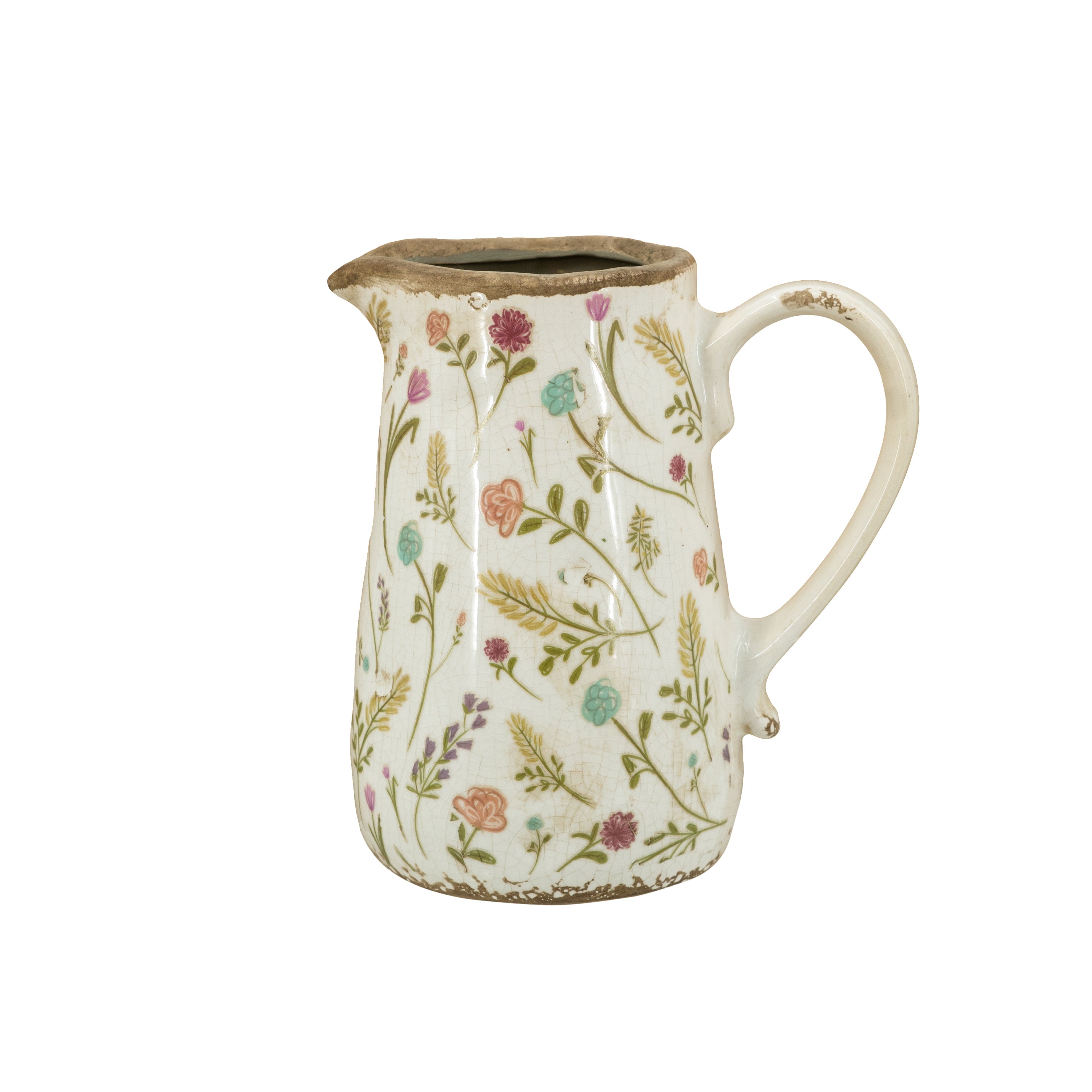 6.3x4.5x7.1' Round Ceramic Pitcher Vase with Multi-Colored Floral Motifs