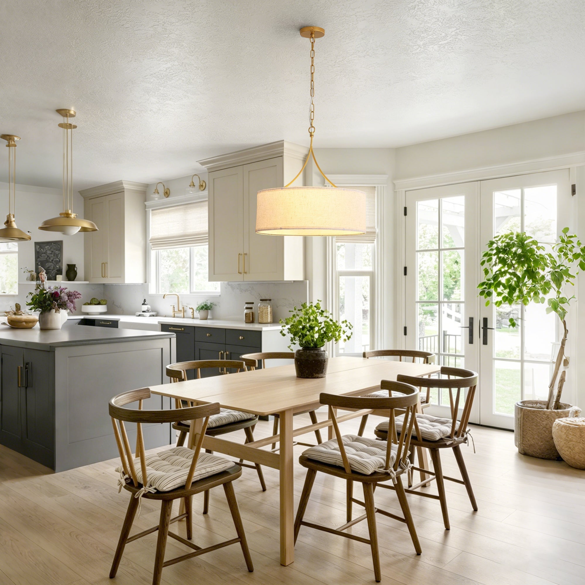 3-Light Gold Fabric Drum Pendant Light