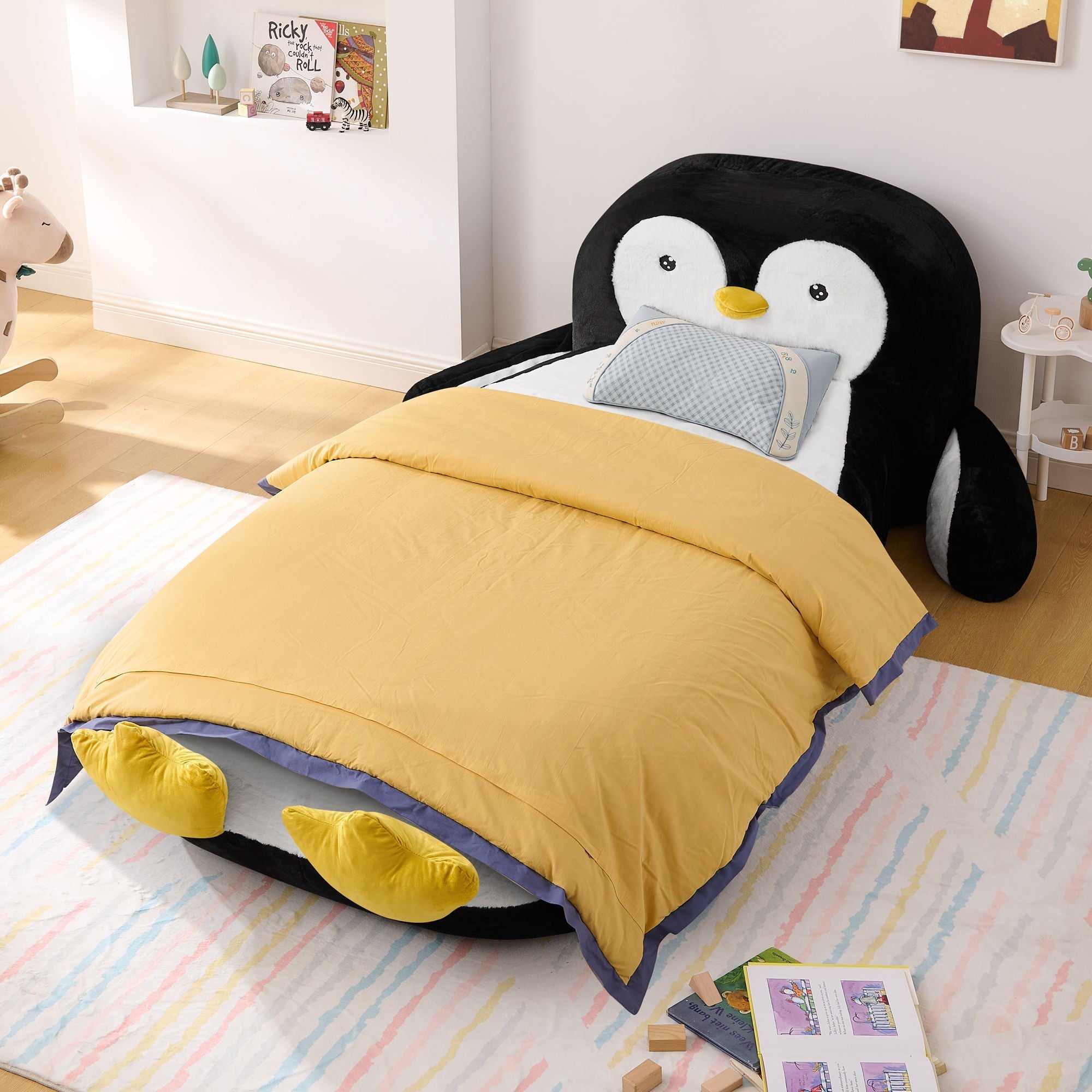Twin Size Penguin Shaped Bed, Lounger Chair For Kids Bedroom - White / Black