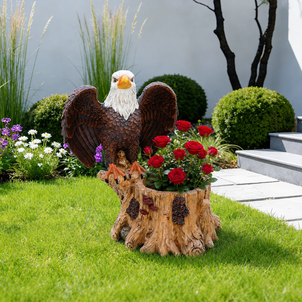 Majestic Eagle Garden Planter Pot on Tree Stump Base