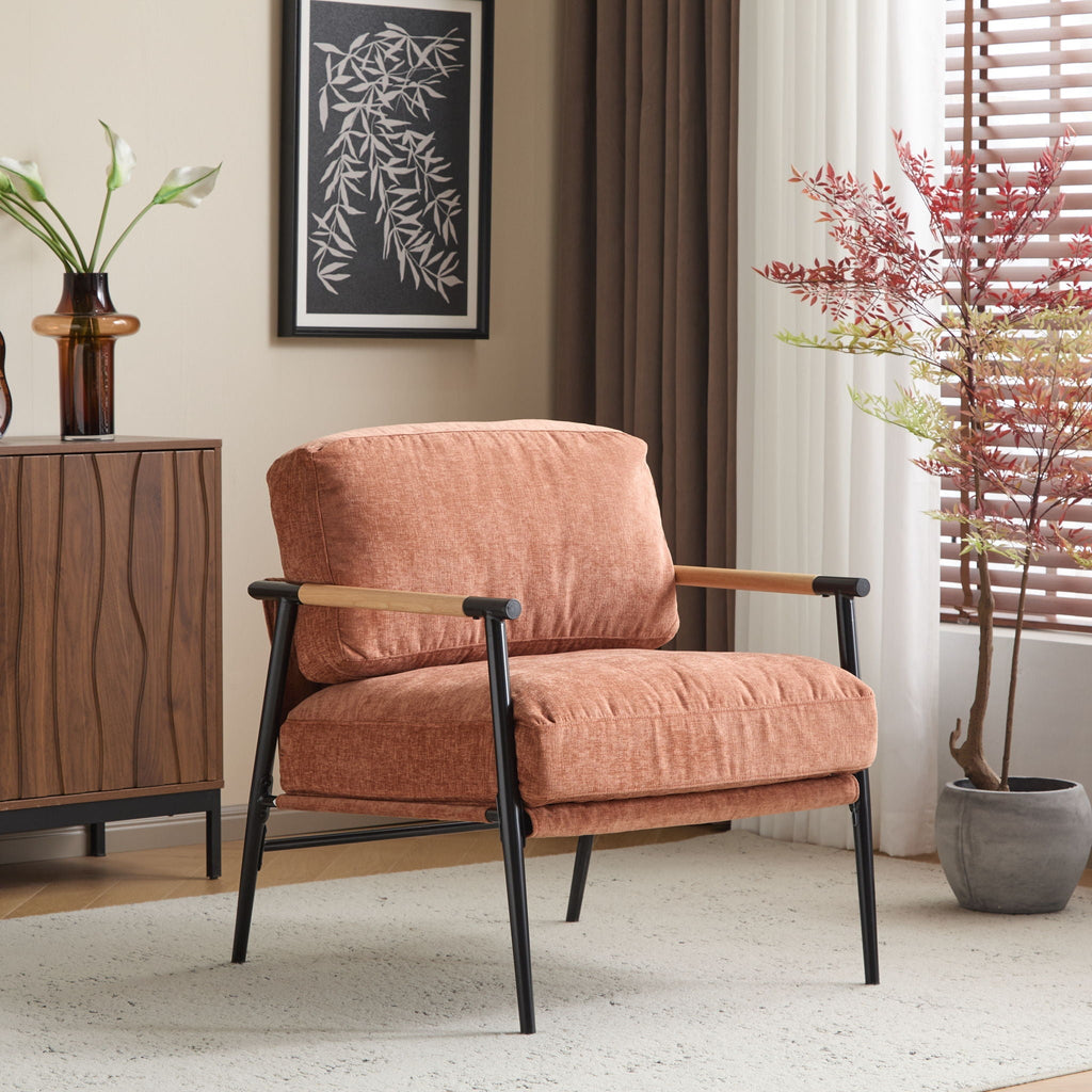 Modern Accent Chair With Plush Cushions and Wooden Armrests