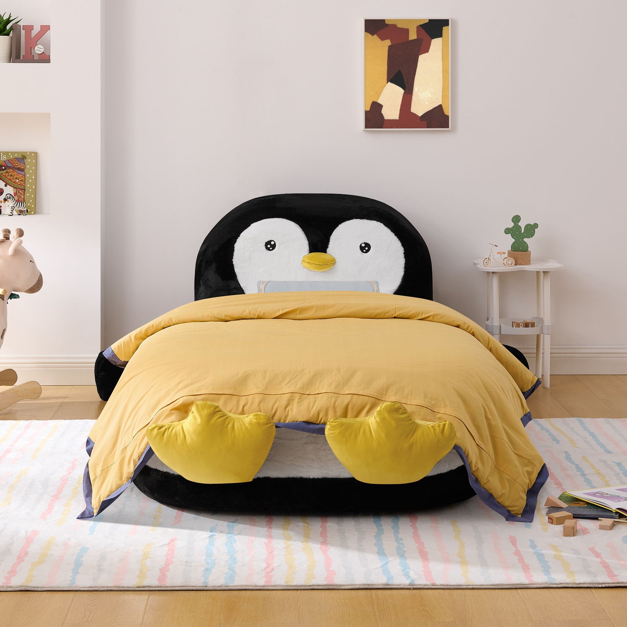 Twin Size Penguin Shaped Bed, Lounger Chair For Kids Bedroom - White / Black
