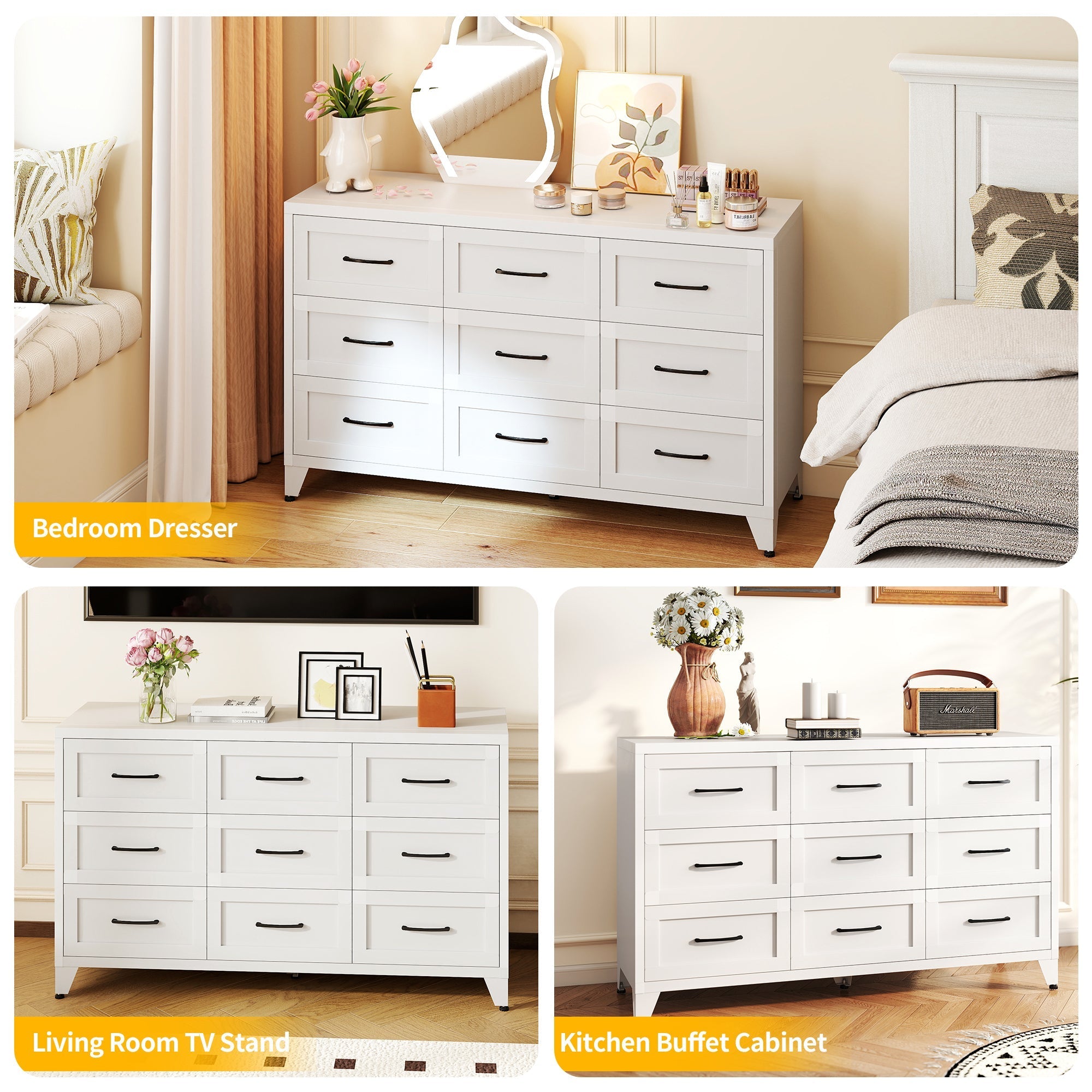9 Drawer White Metal Dresser with Quiet-Glide Rails