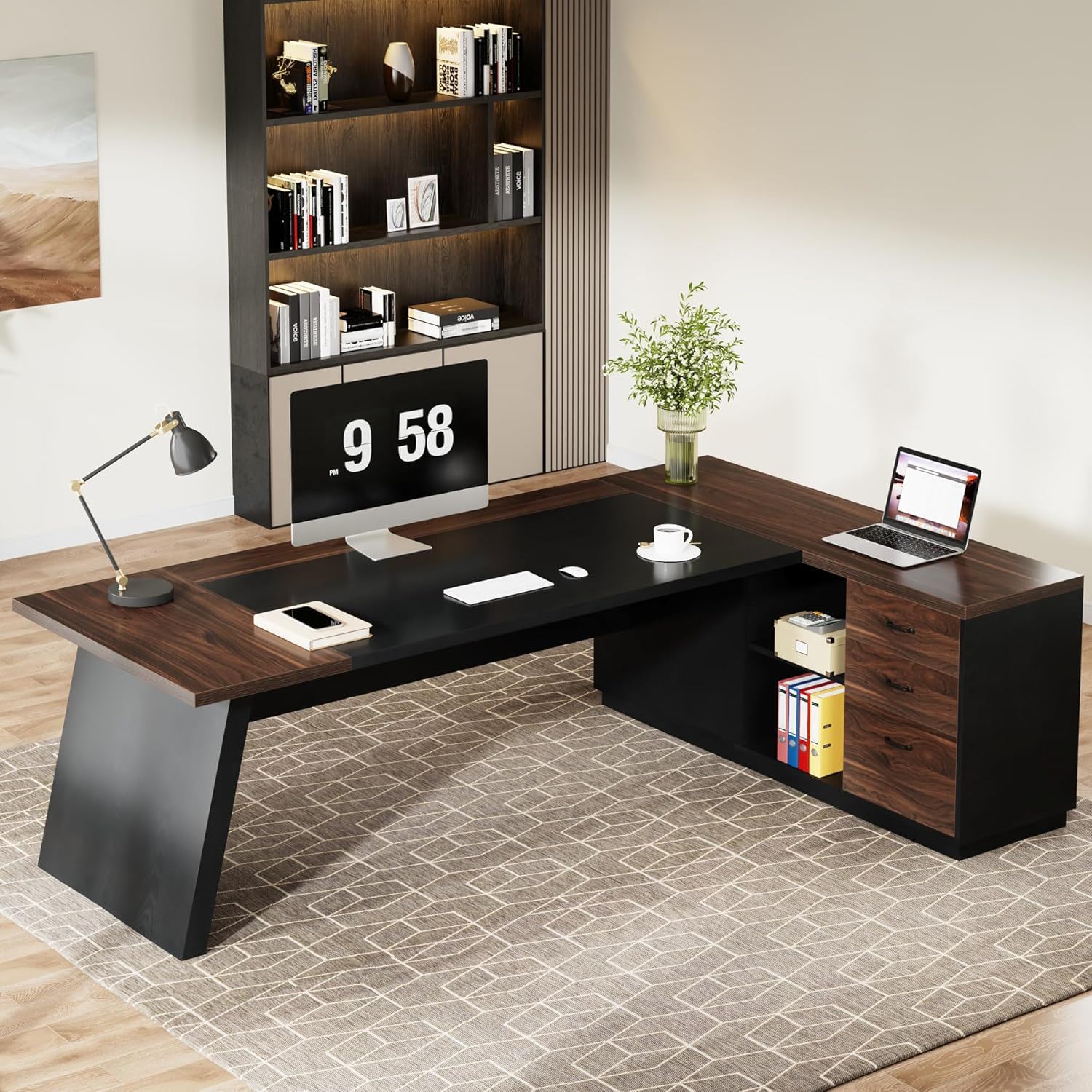 L-Shaped Executive Desk With File Cabinet & Drawers, Large Home Office Computer Workstation