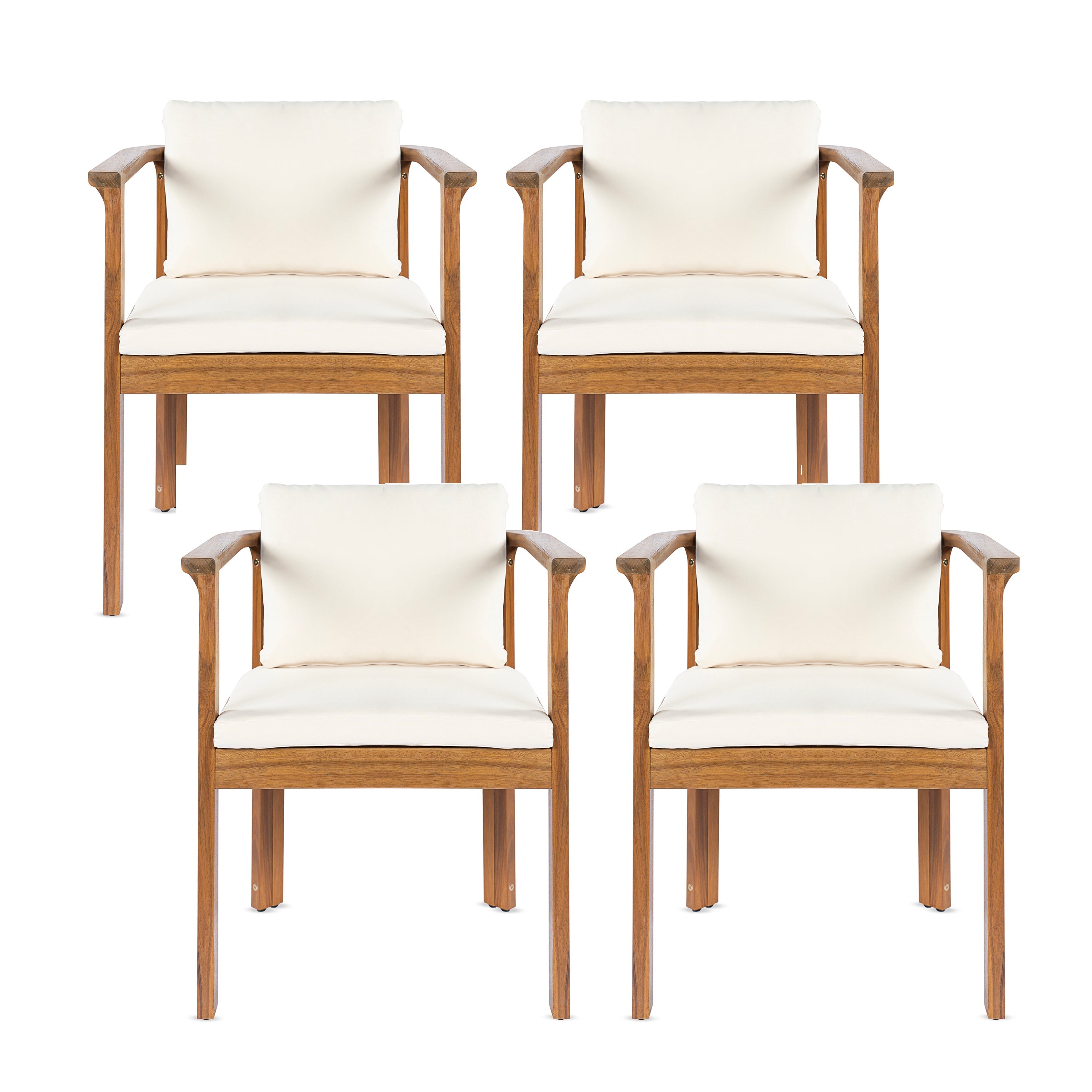 Outdoor Dining Chair Set of 4 with Curved Acacia Wood Arms and Cream Cushions