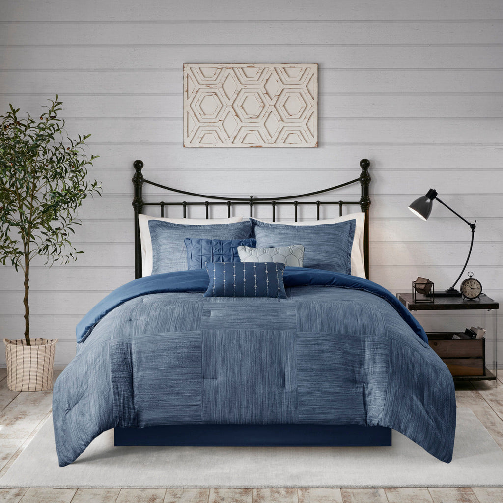7 Piece Printed Seersucker Comforter Set Navy King