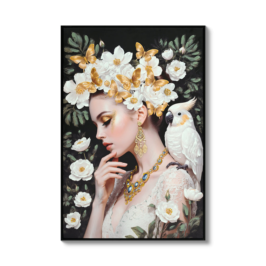 Beauty Lady Wall Art Gold and White Floral Canvas 24x36 Inch