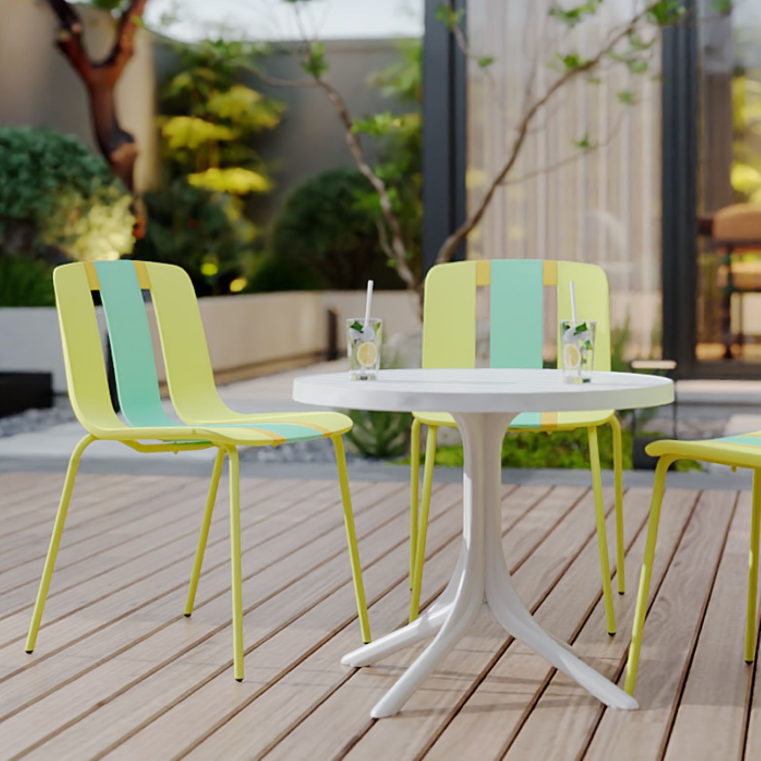 4 Piece Set Of Modern Striped Color Blocking Single Chairs With Round Table