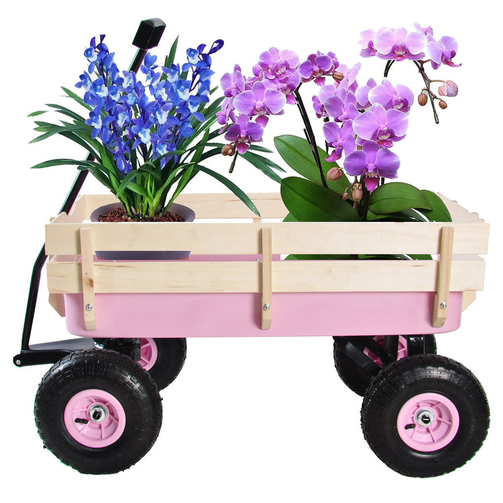 Outdoor All Terrain Garden Wagon with Wooden Railings and Pneumatic Tires