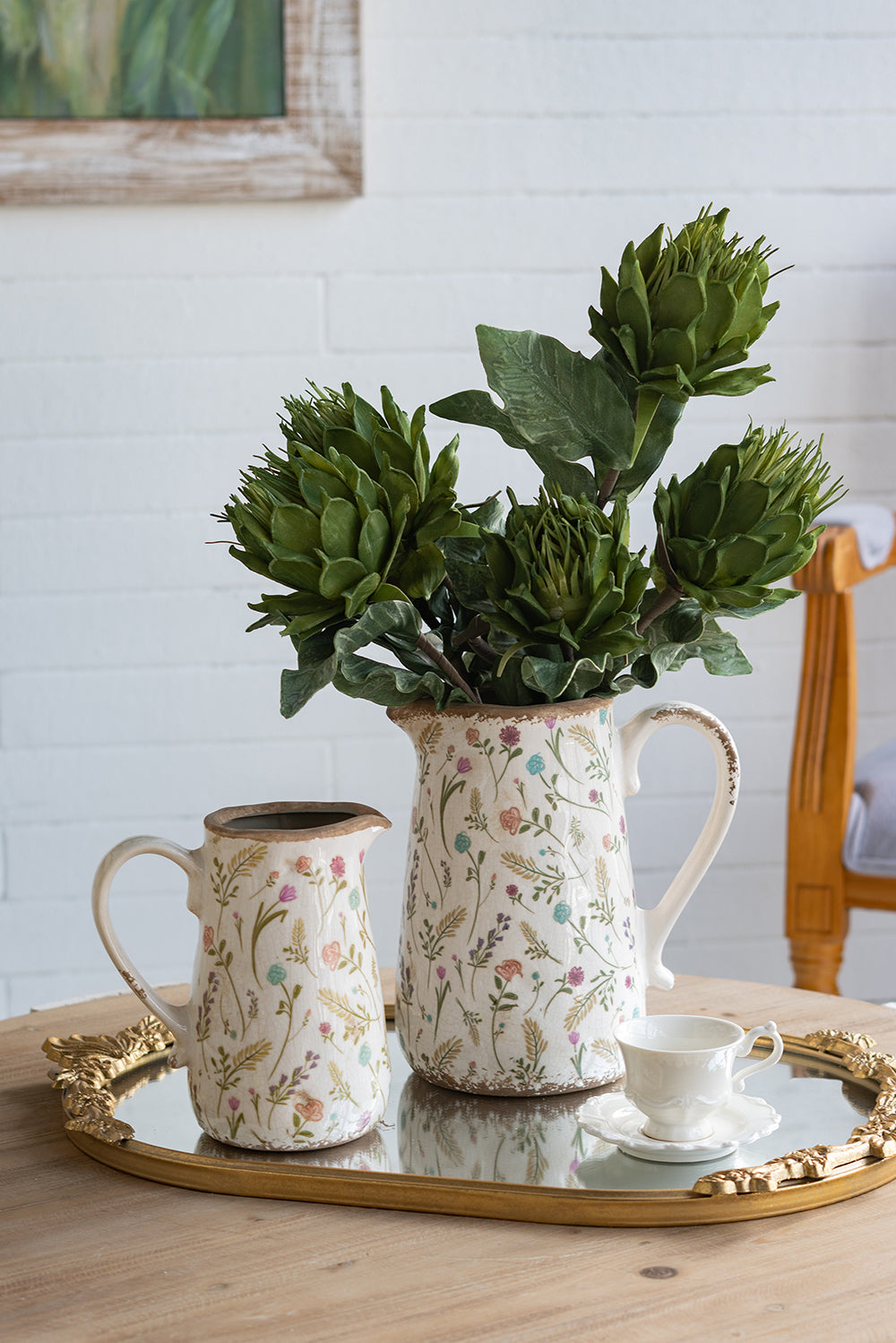 6.3x4.5x7.1' Round Ceramic Pitcher Vase with Multi-Colored Floral Motifs