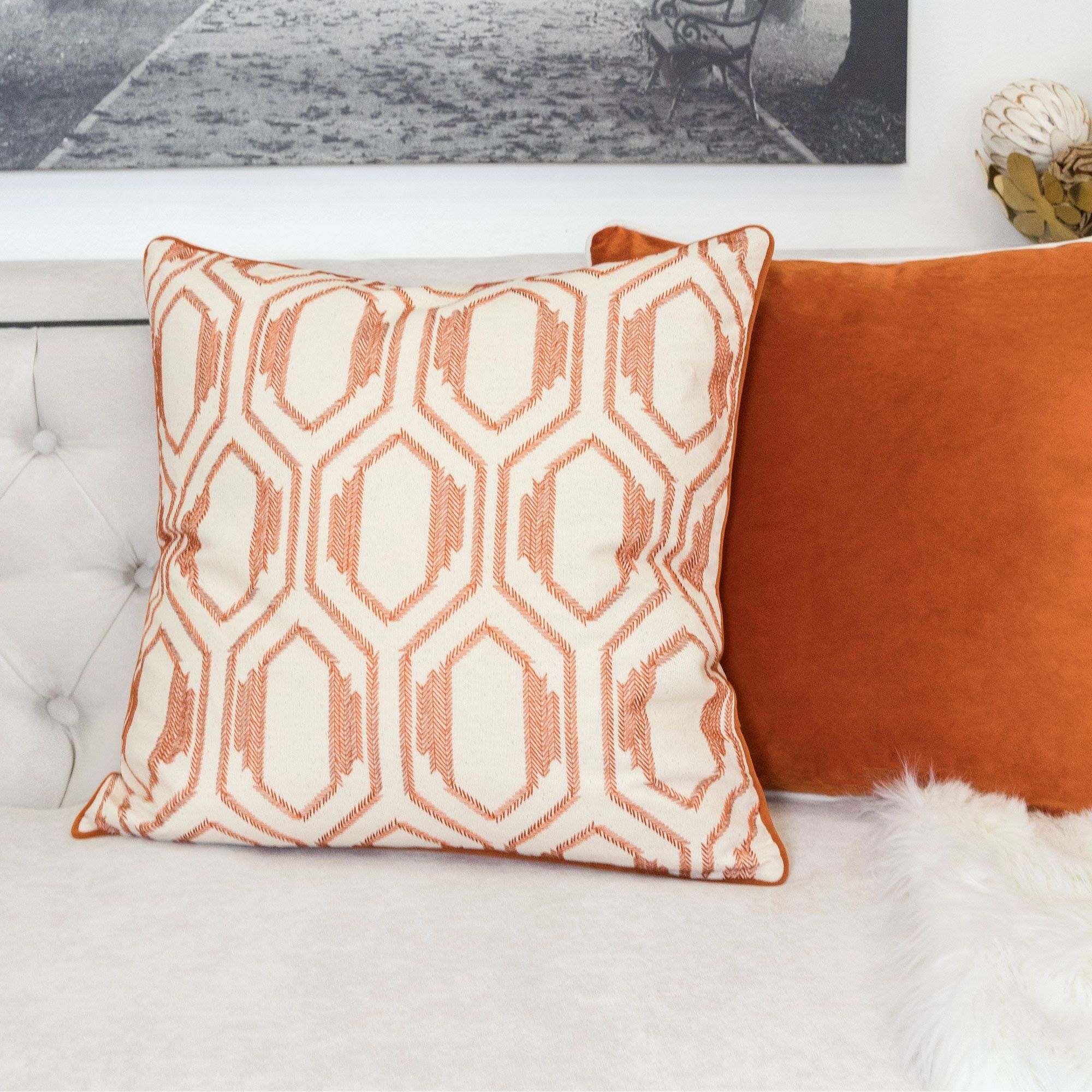 Geometric Embroidered Throw Pillow - Rust