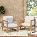 Set of 2 Outdoor Acacia Wood Patio Club Chairs with Beige Cushions