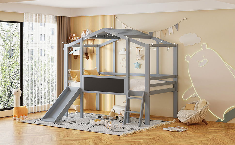 Loft House Bed With Ladder And Slide, With board And Light Strip On The Roof