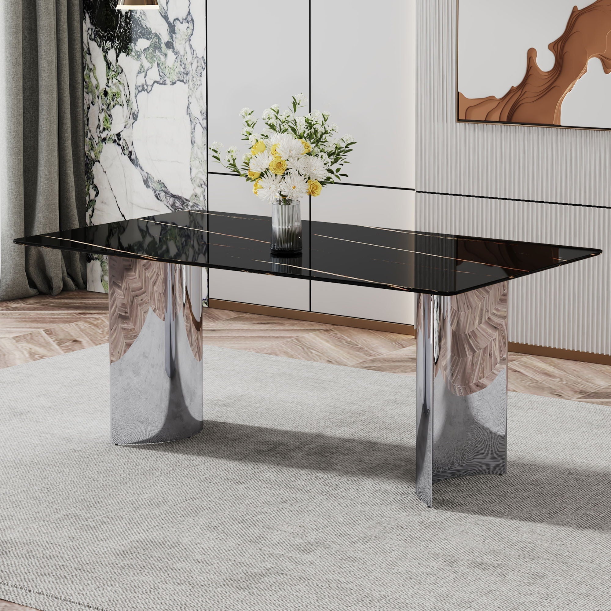 Modern Minimalist Dining Table with Imitation Marble Glass Top and Metal Legs