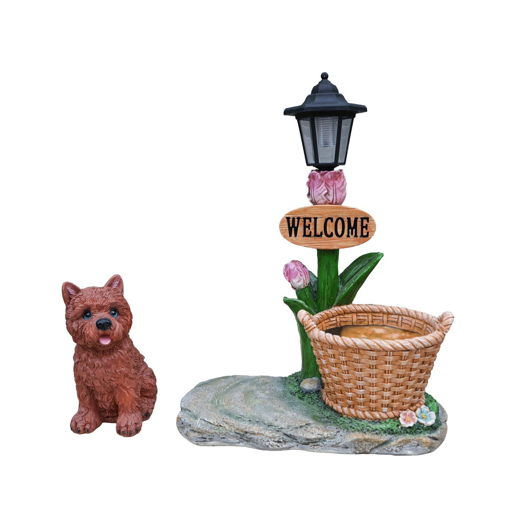 Sitting Puppy Solar Planter Outdoor Statue