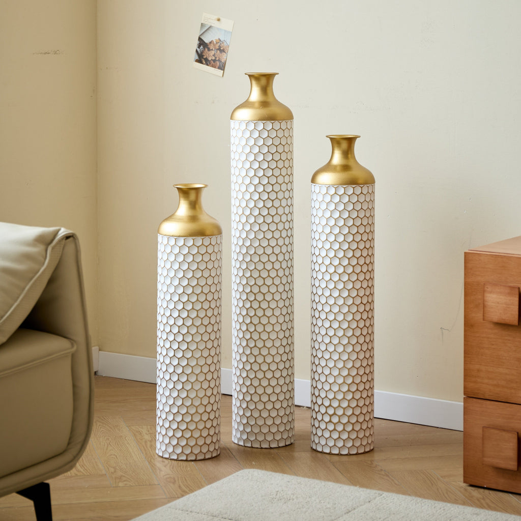 3-Piece Modern Metal Vase Set - White & Gold