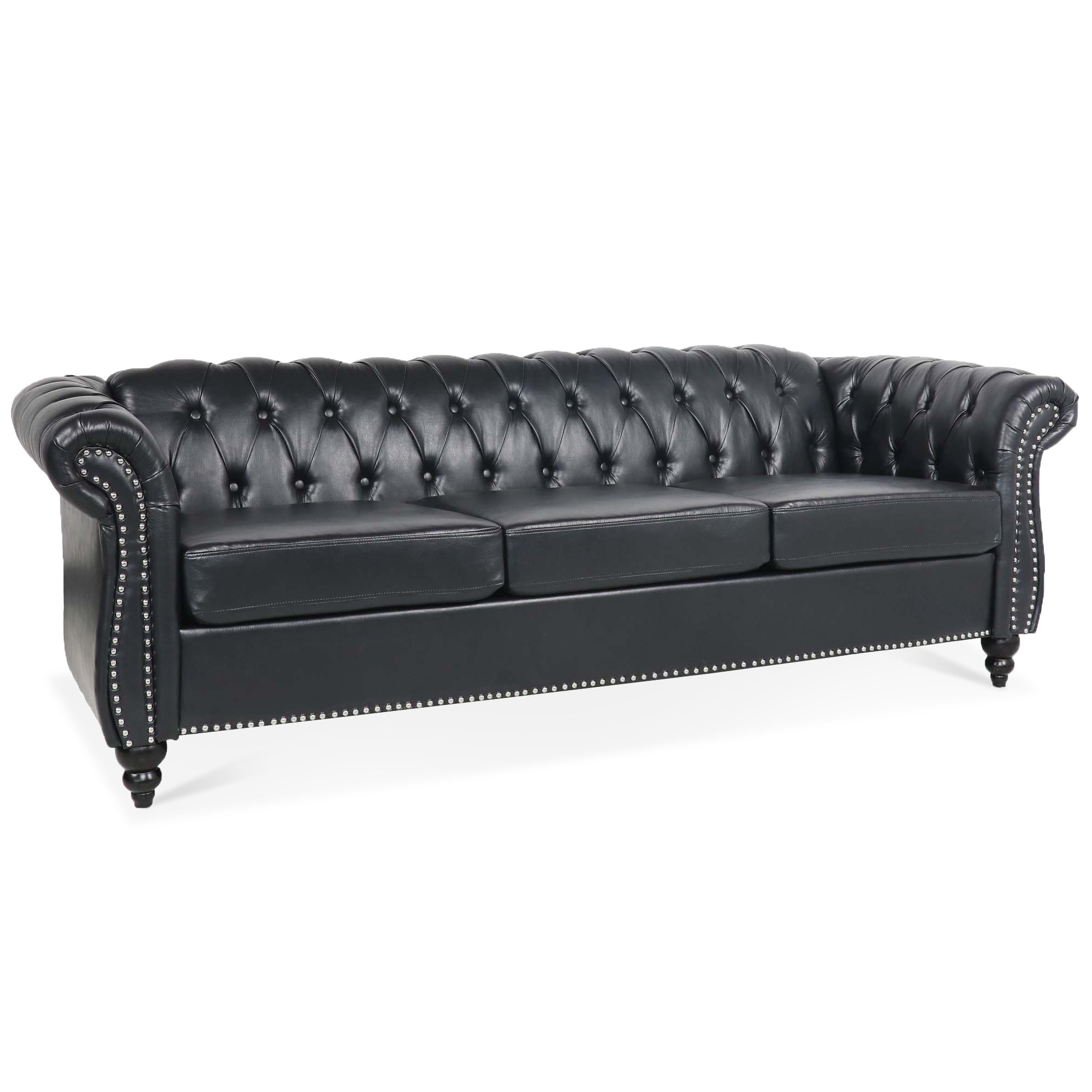 84.65" Black PU Rolled Arm Chesterfield Three Seater Sofa