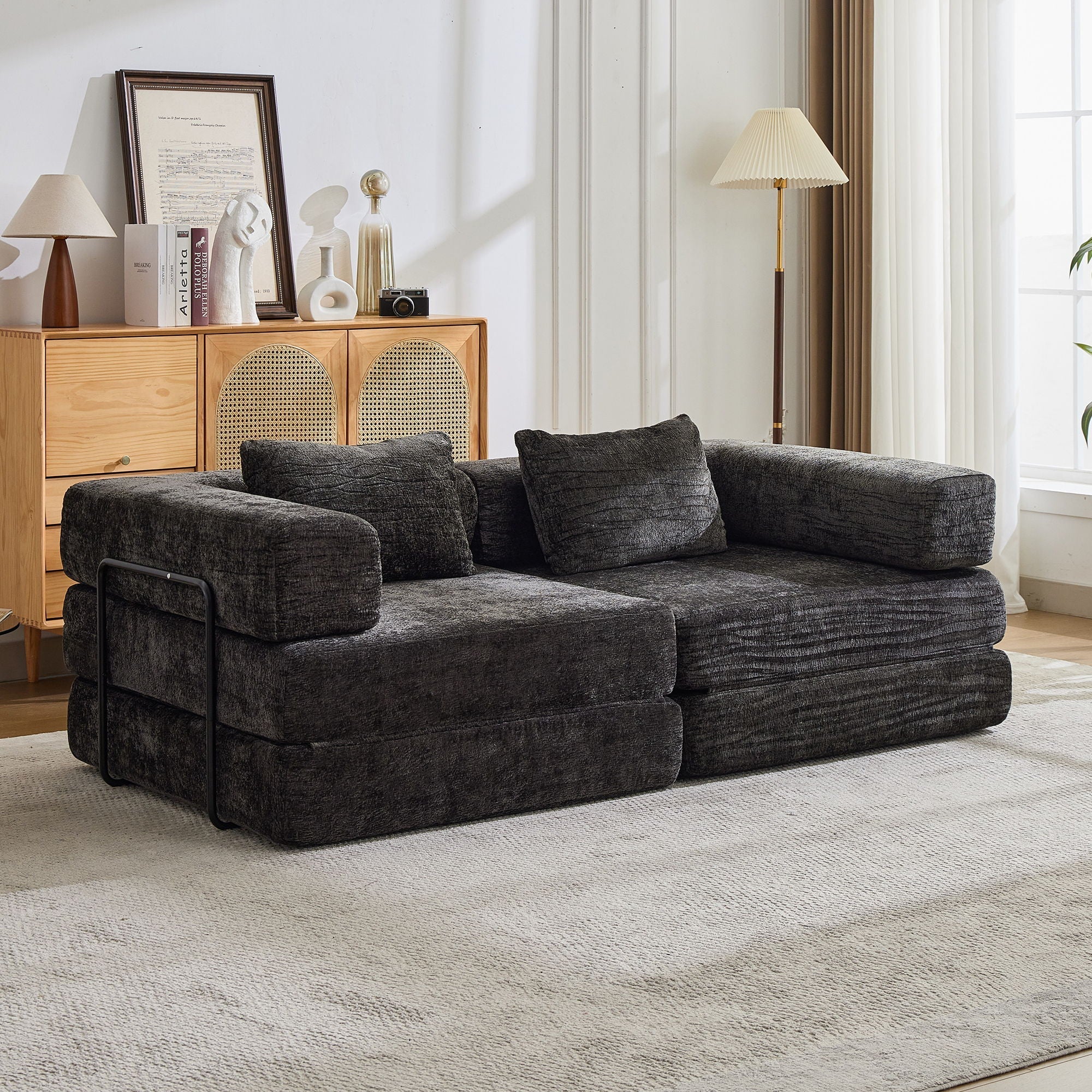 Convertible Floor Sofa Bed With Pillow Back Support Armrest