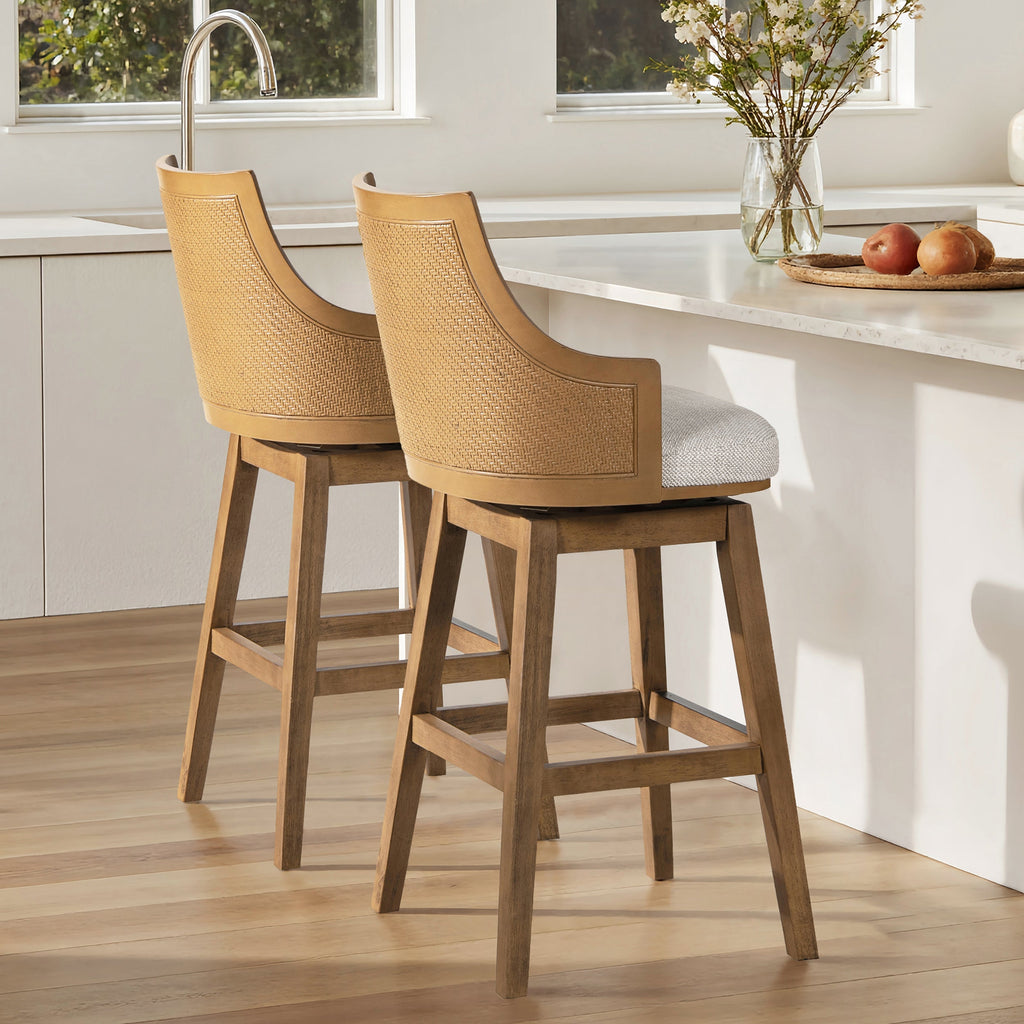 Bahama 30' Cane Rattan High-Back Swivel Bar Stool with Recessed Arms, Two-Tone Neutral Gray Polyester Wool Blend