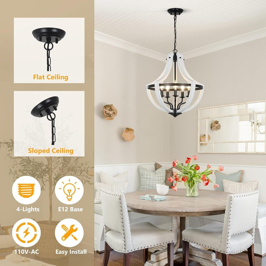 5-Light Convertible White Wood Farmhouse Chandelier