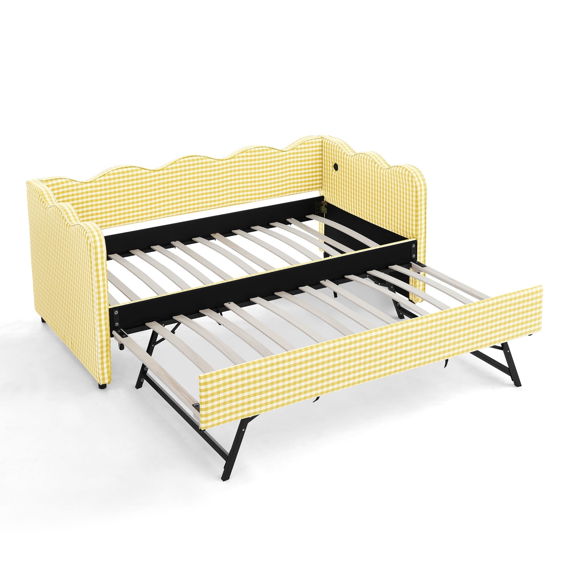 Gingham Daybed With USB Charging Port, Wave-Shaped Design