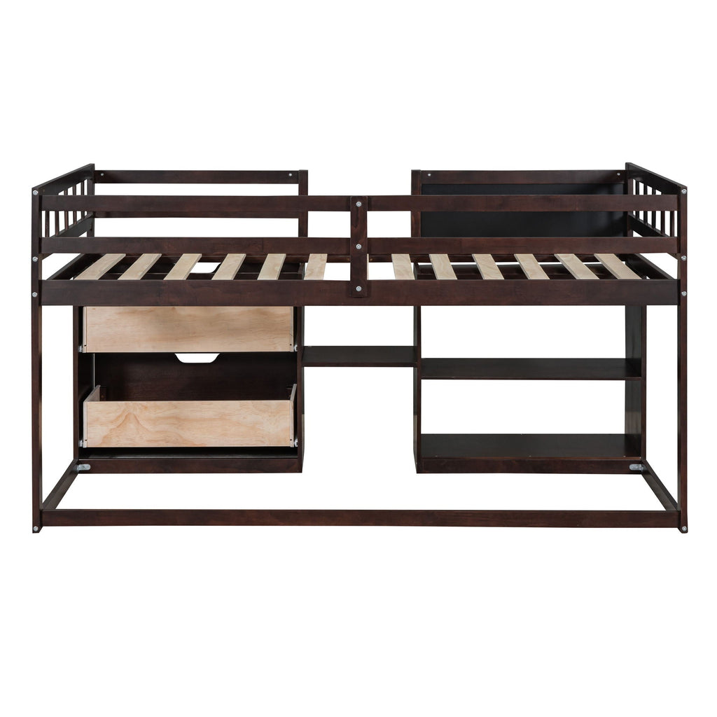 Low Loft Bed With Rolling Desk, Shelf And Drawers