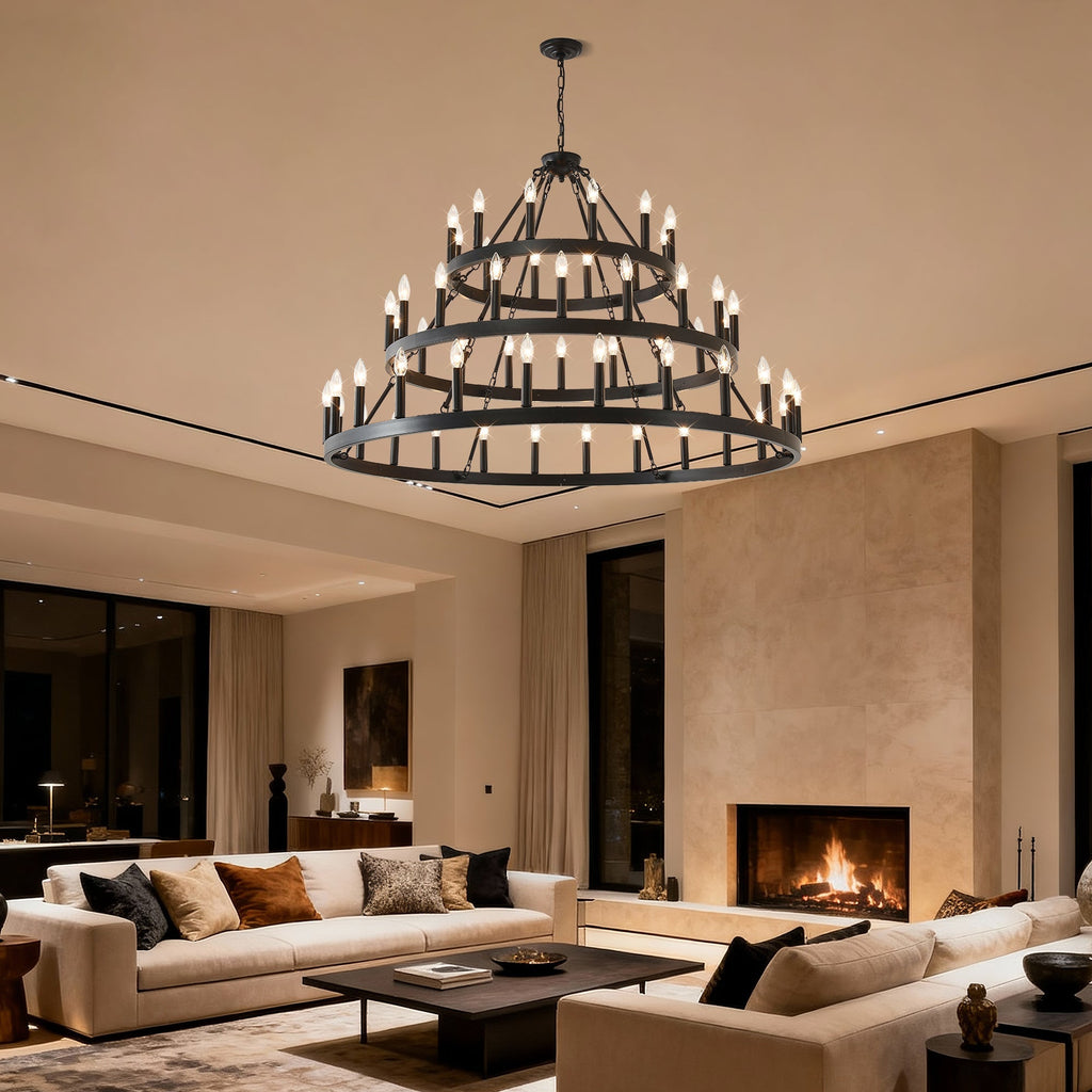 3 Tiers Wagon Wheel Chandelier - 54-Light Matte Black Metal
