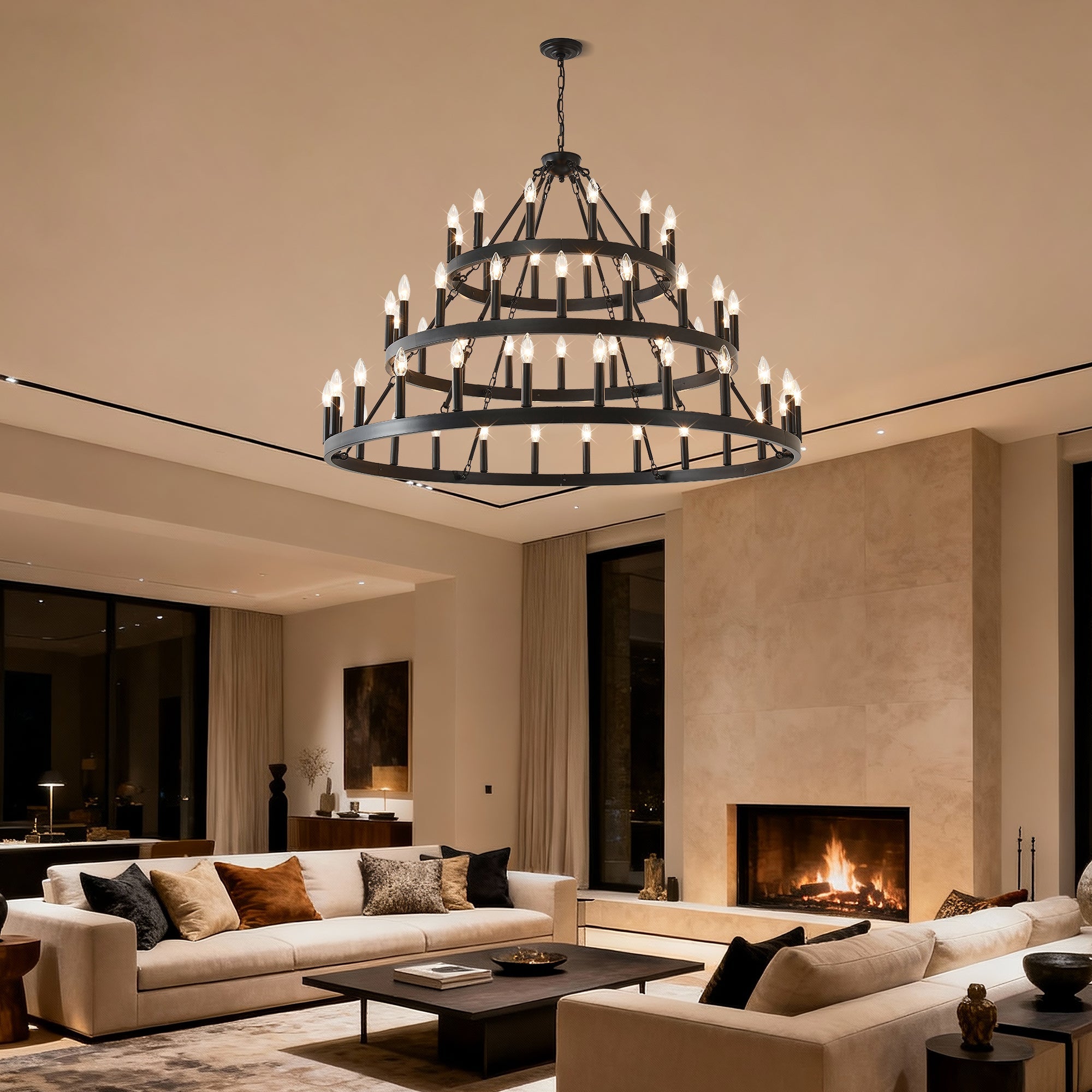 3 Tiers Wagon Wheel Chandelier - 54-Light Matte Black Metal