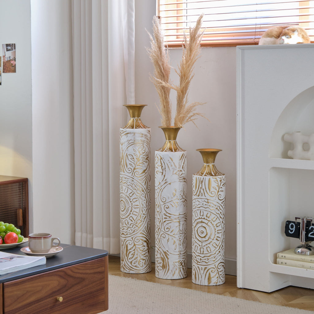 Floor Metal Vases Decorated Metal Vases (Set of 3) Gorgeous Home Decoration Large Glazed Metal Vases - White / Gold