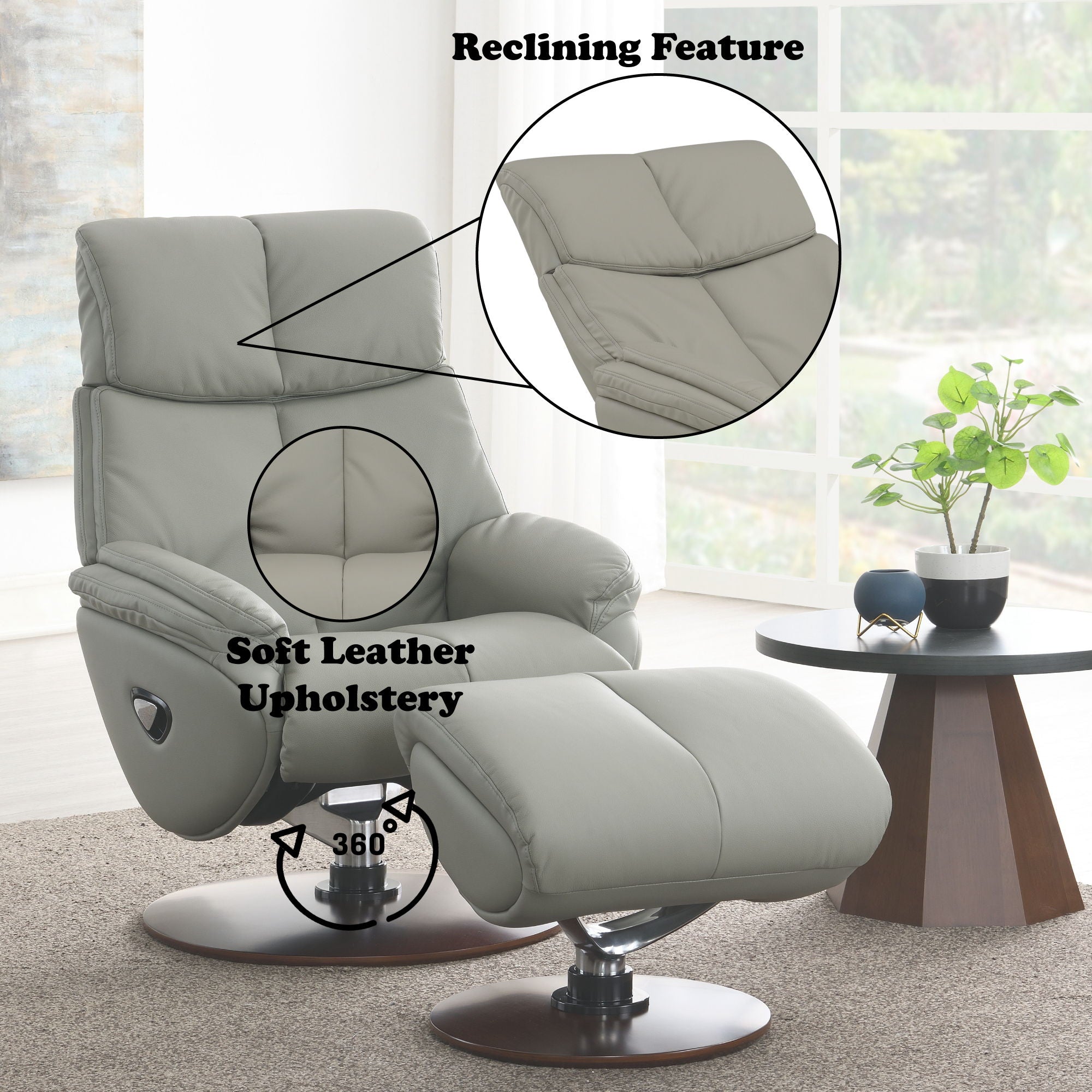 Kandoro Top Grain Leather Accent Chair With Swivel & Ottoman - Gray