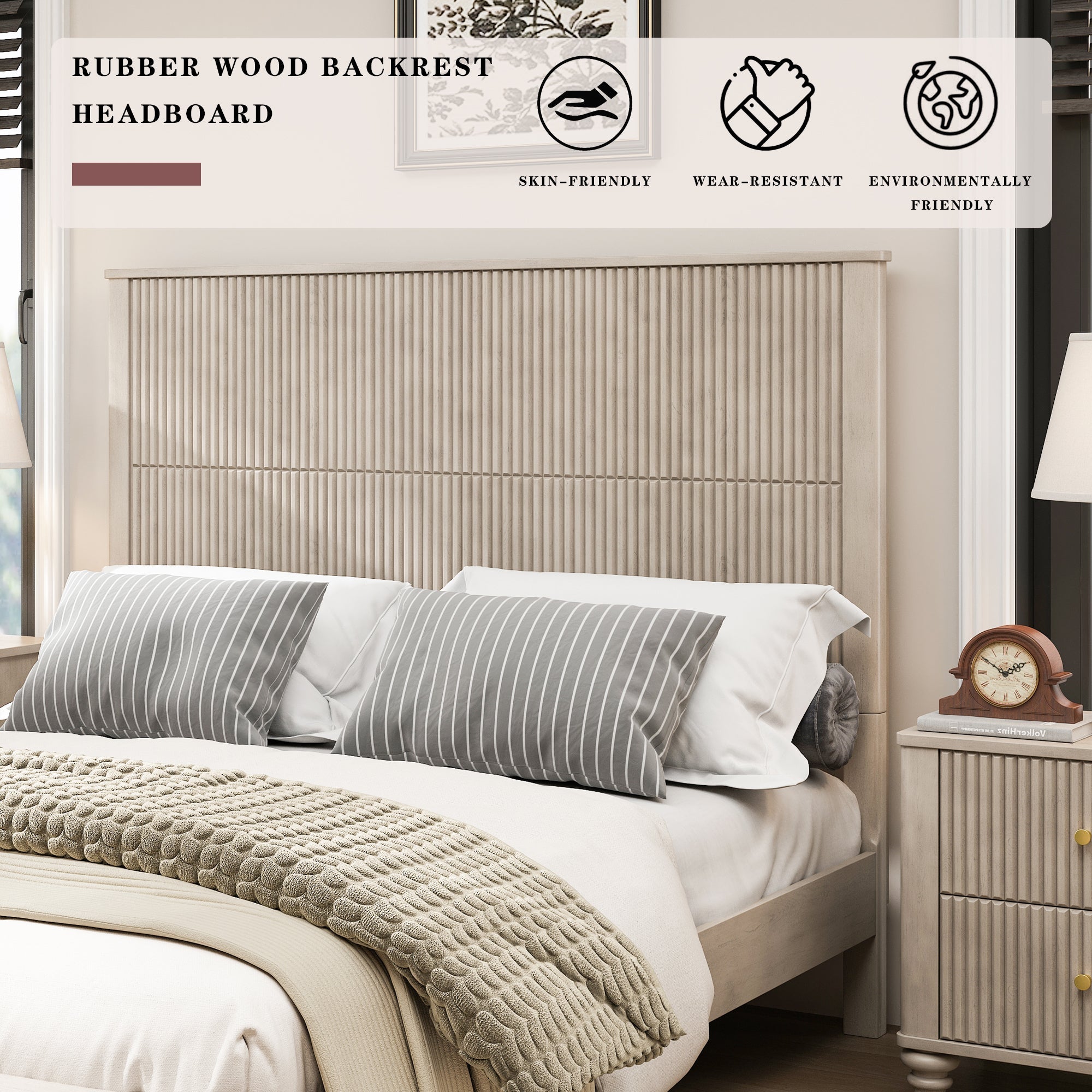Solid Wood Queen Platform Bed Frame with Tall Headboard