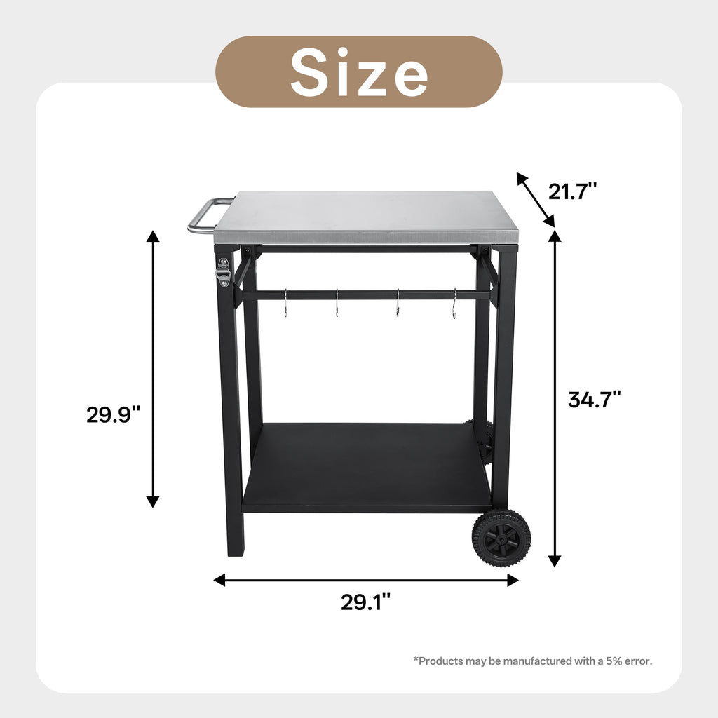2-Tier Outdoor Grill Cart with Stainless Steel Top, Large Wheels & Tool Hooks