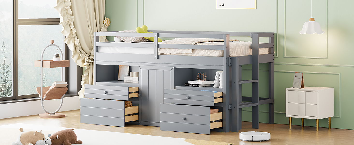 Loft Bed With 4 Drawers, Underneath Cabinet And Shelves
