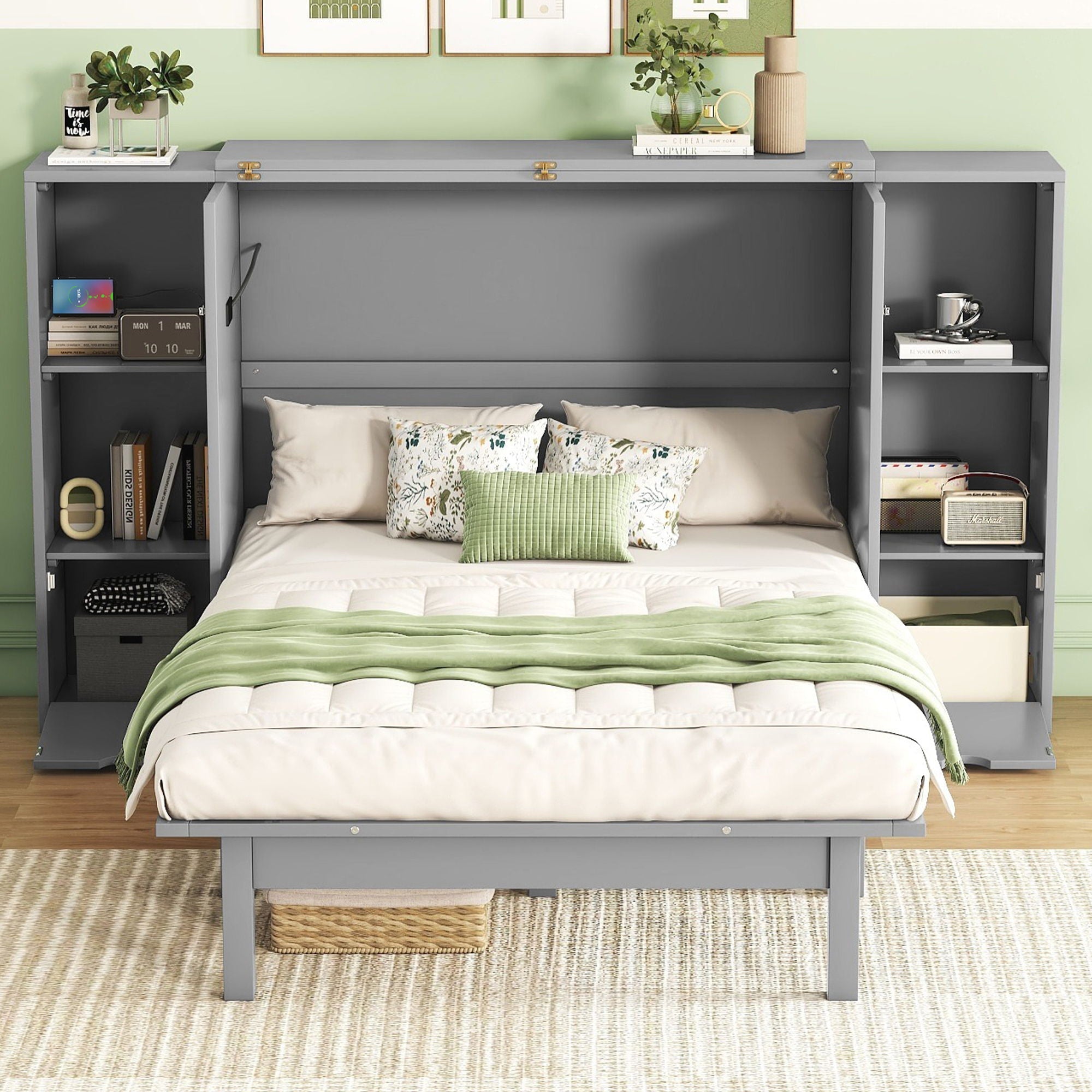 Murphy Bed With Shelves, Drawers And USB Ports