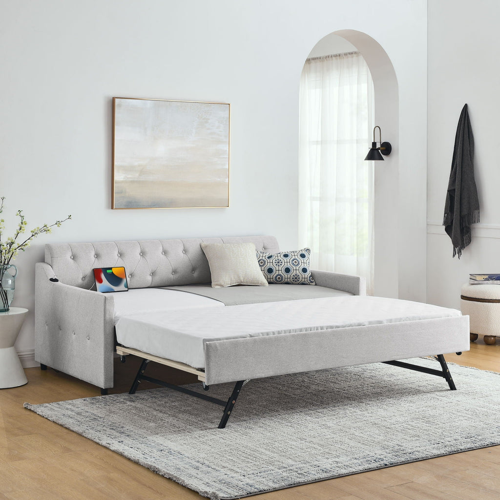 Size Upholstered Daybed With Trundle And USB Charging Armrest