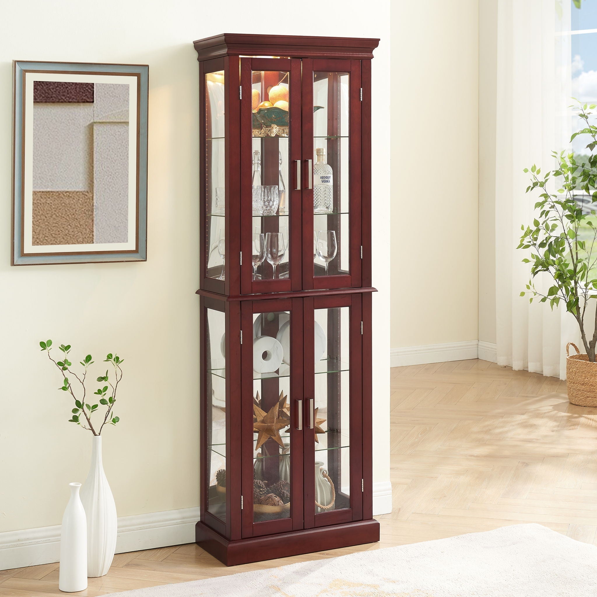 Lighted Curio Cabinet With Adjustable Shelves and Mirrored Back Panel