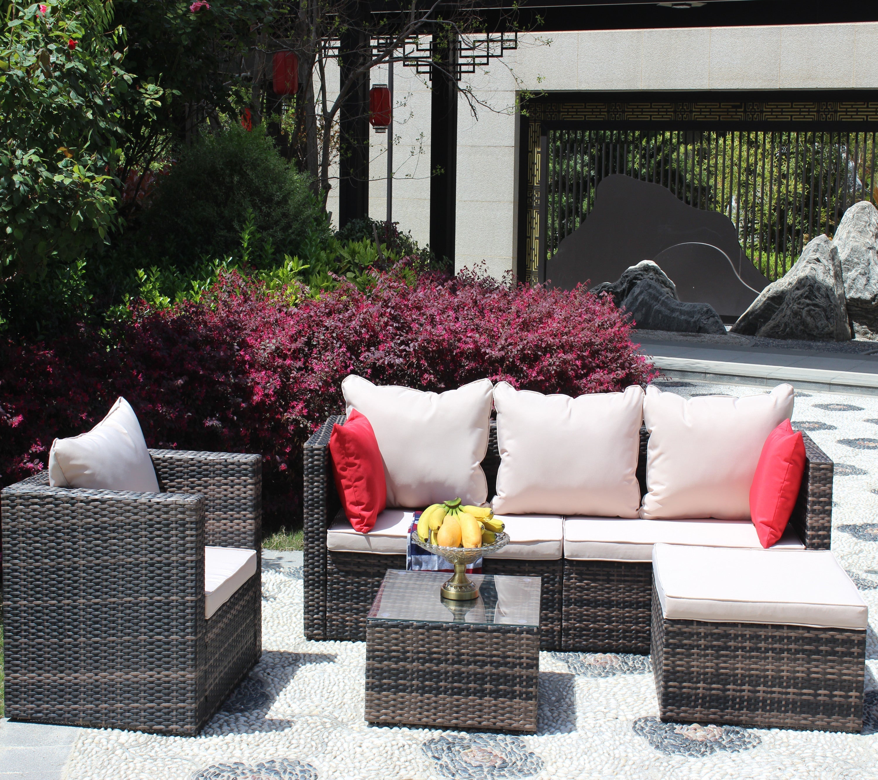 Rattan Patio Furniture Set Wicker Sofa Cushioned Sectional (4 Pieces, Brown)