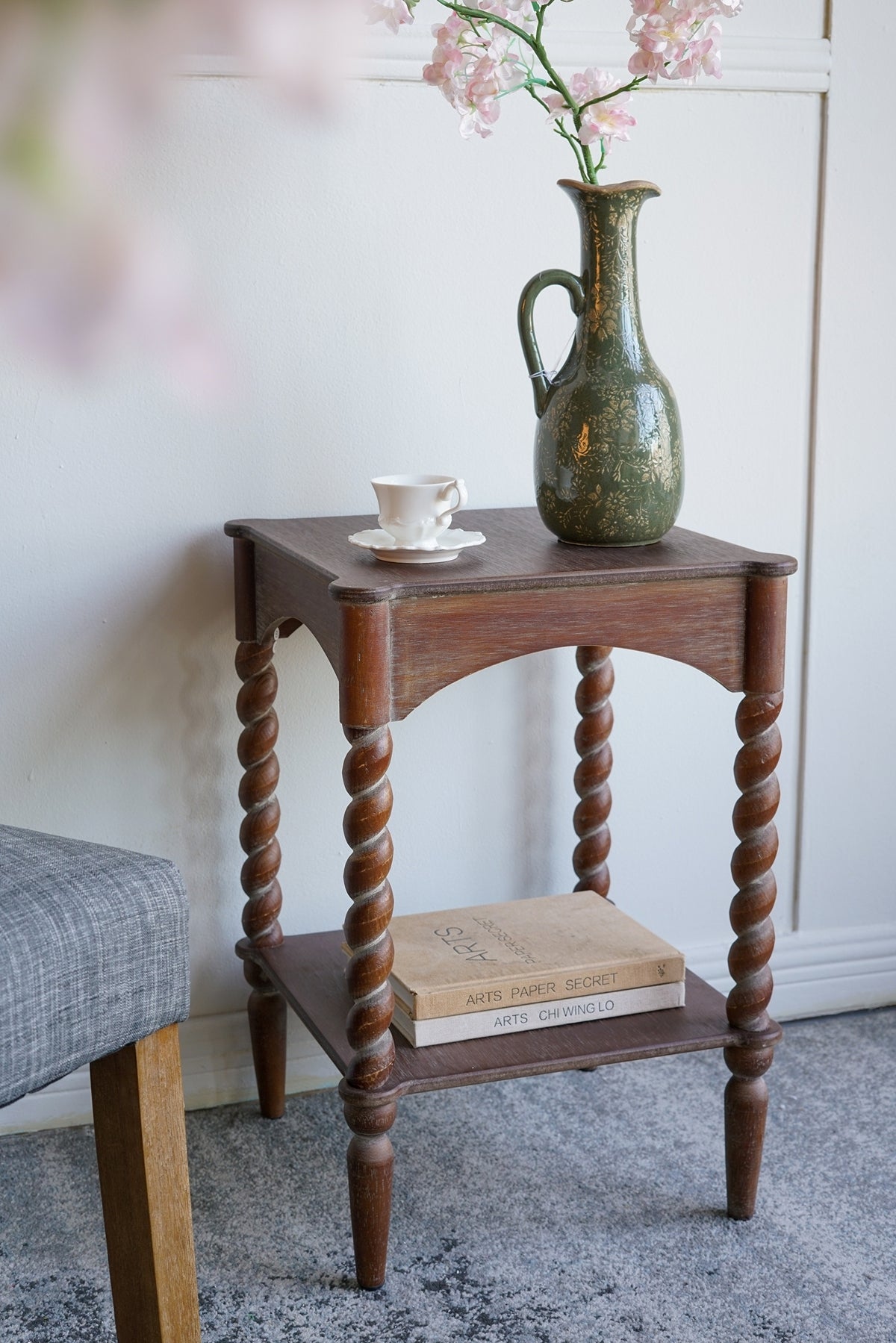 15.5x15.5x23.5' Distressed Brown Wood Side Table with Turned Spiral Legs and Lower Shelf