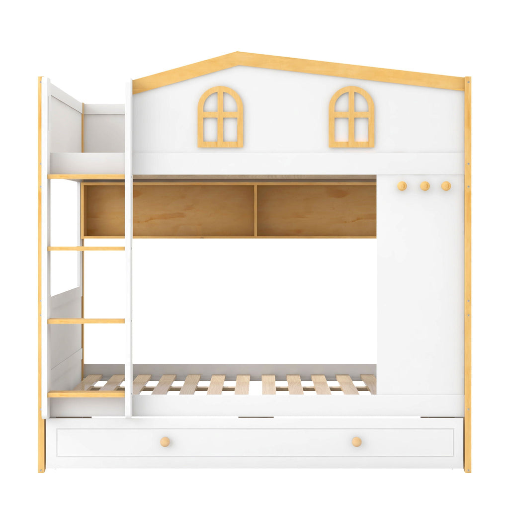 Full Over Full Bunk Bed With Storage Shelves And Trundle - White / Natural