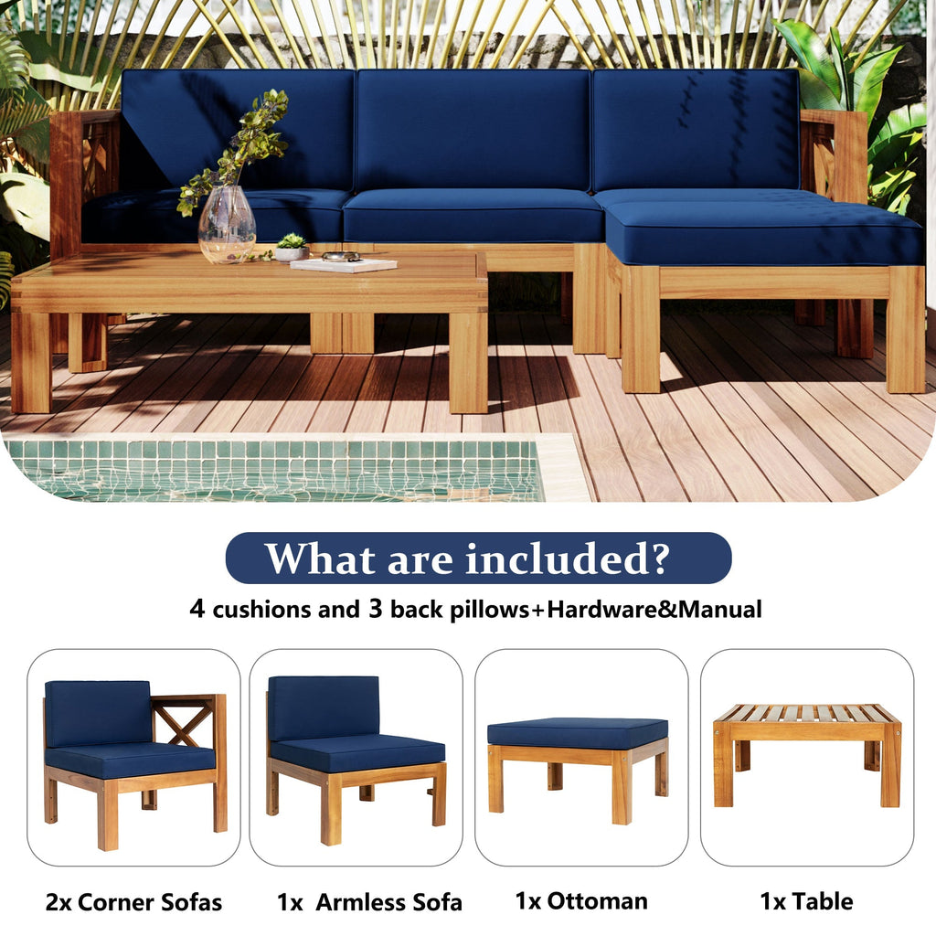 TOPMAX Outdoor 5-Piece Wood Sectional Patio Sofa Set with Blue Cushions