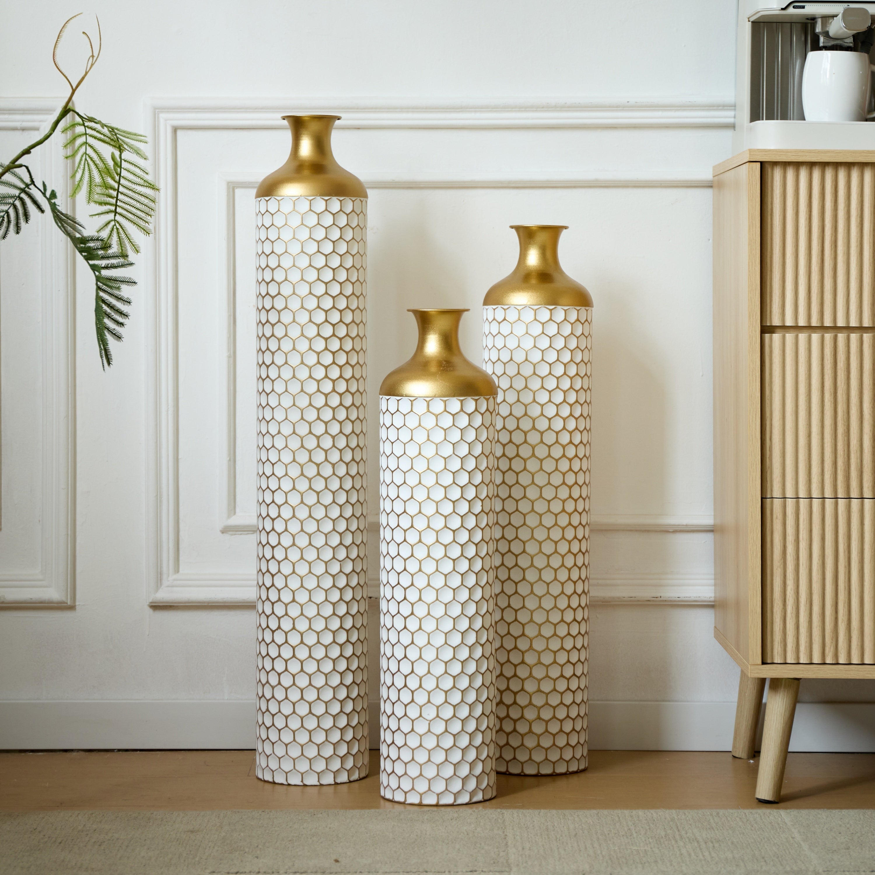 3-Piece Modern Metal Vase Set - White & Gold