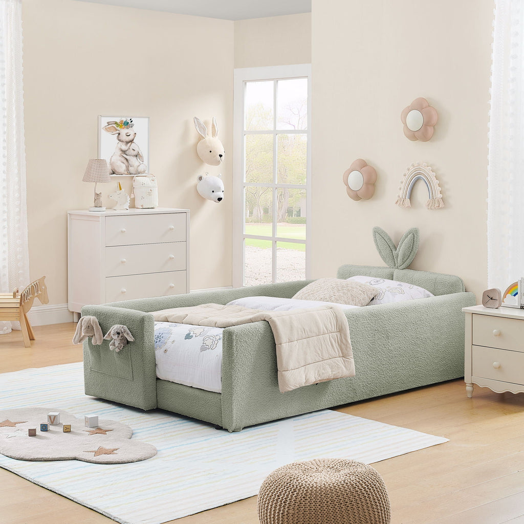 Cute Rabbit Ear Upholstered Platform Bed Frame With Safety Rail