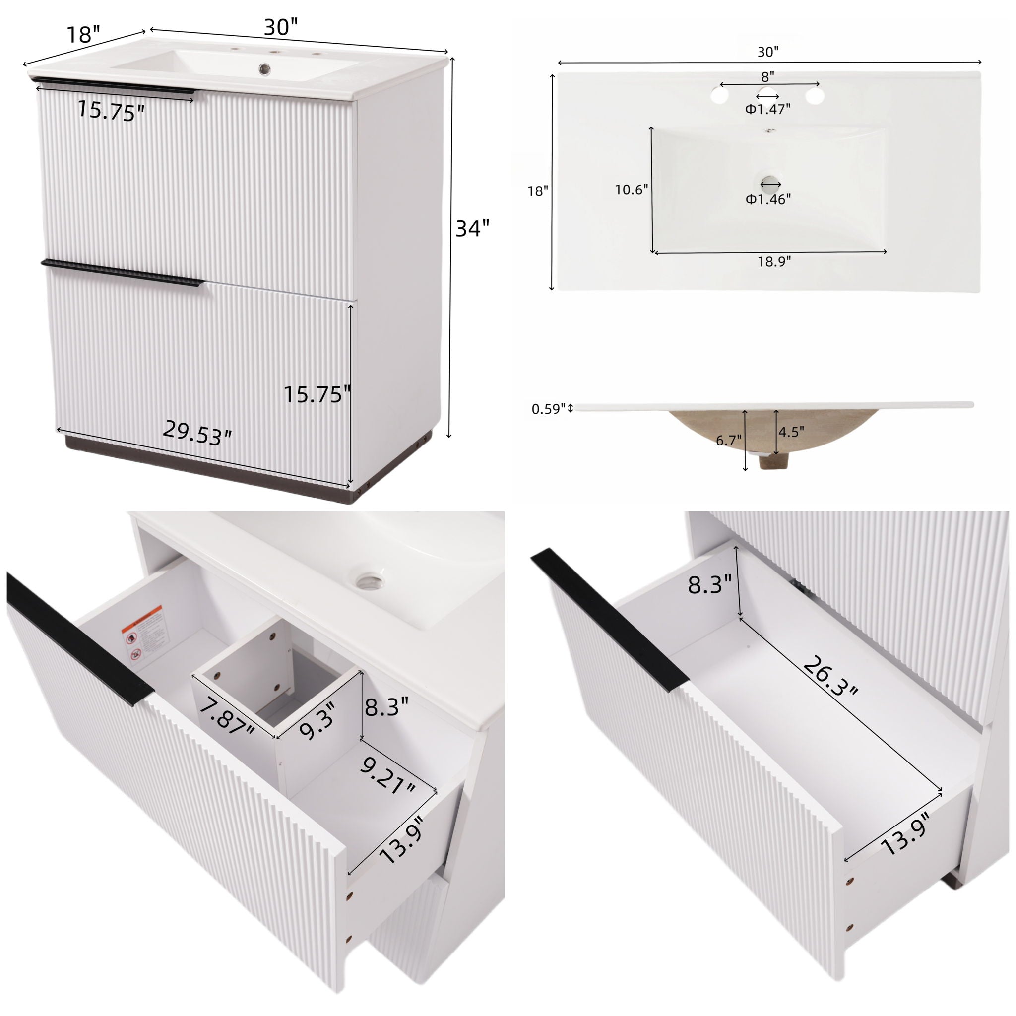 Fluted Bathroom Vanity With Ceramic Sink and Soft-Close Slides