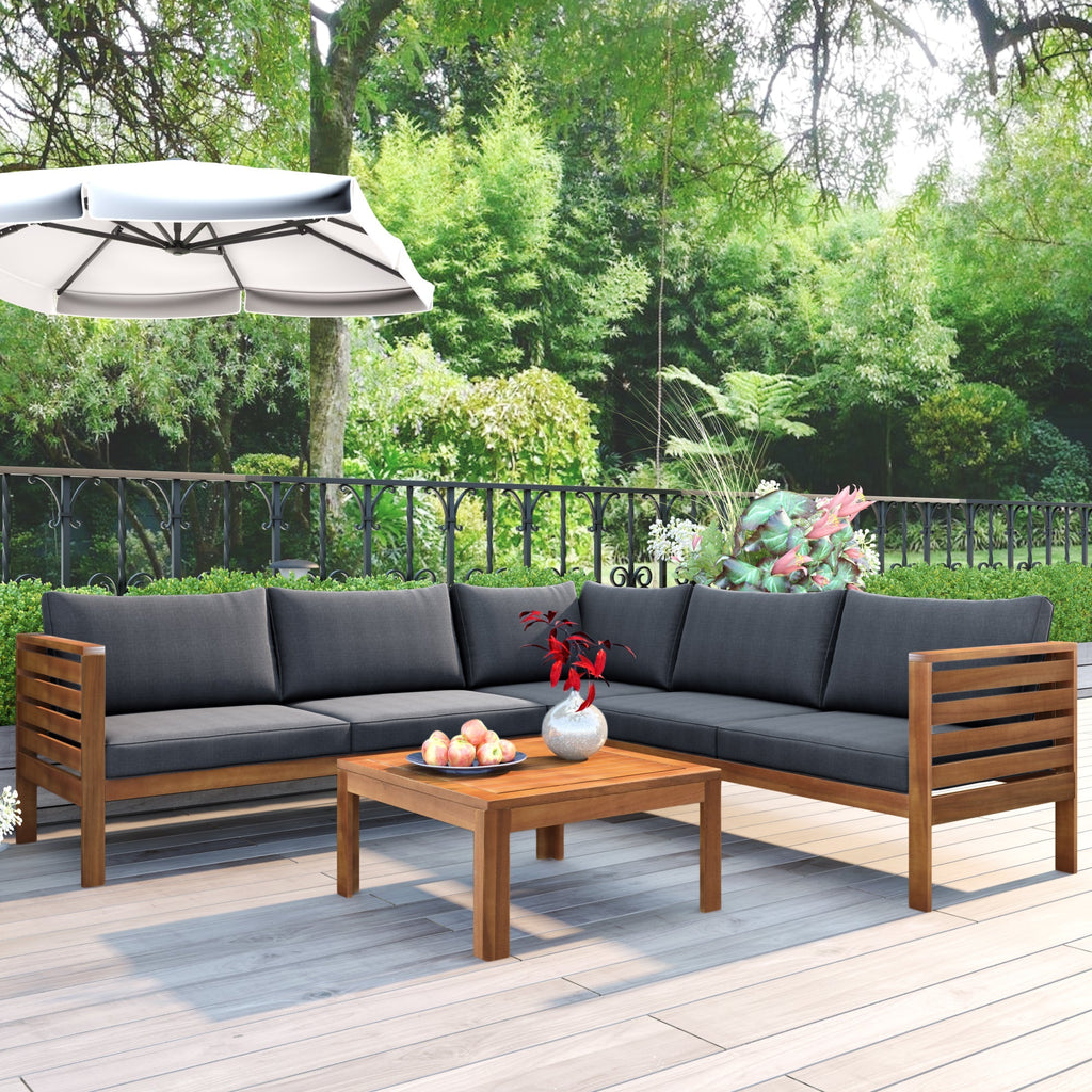 Wood Structure Outdoor Sofa Set with Gray Cushions