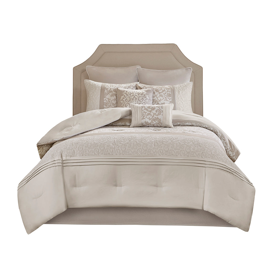 Embroidered 8 Piece Comforter Set Neutral Queen