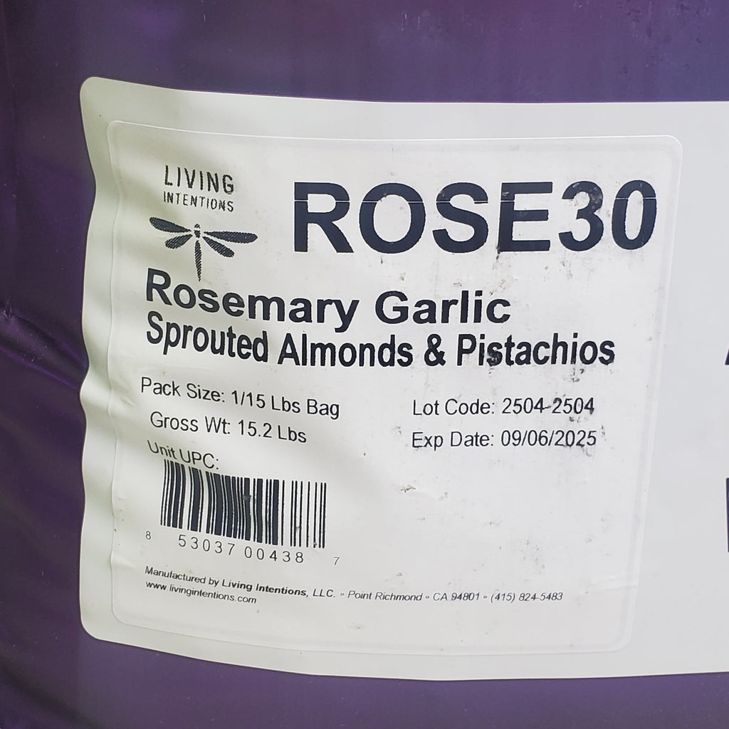 LIVING INTENTIONS Sprouted Almonds & Pistachios 15 Lbs Rosemary Garlic BB 09/25